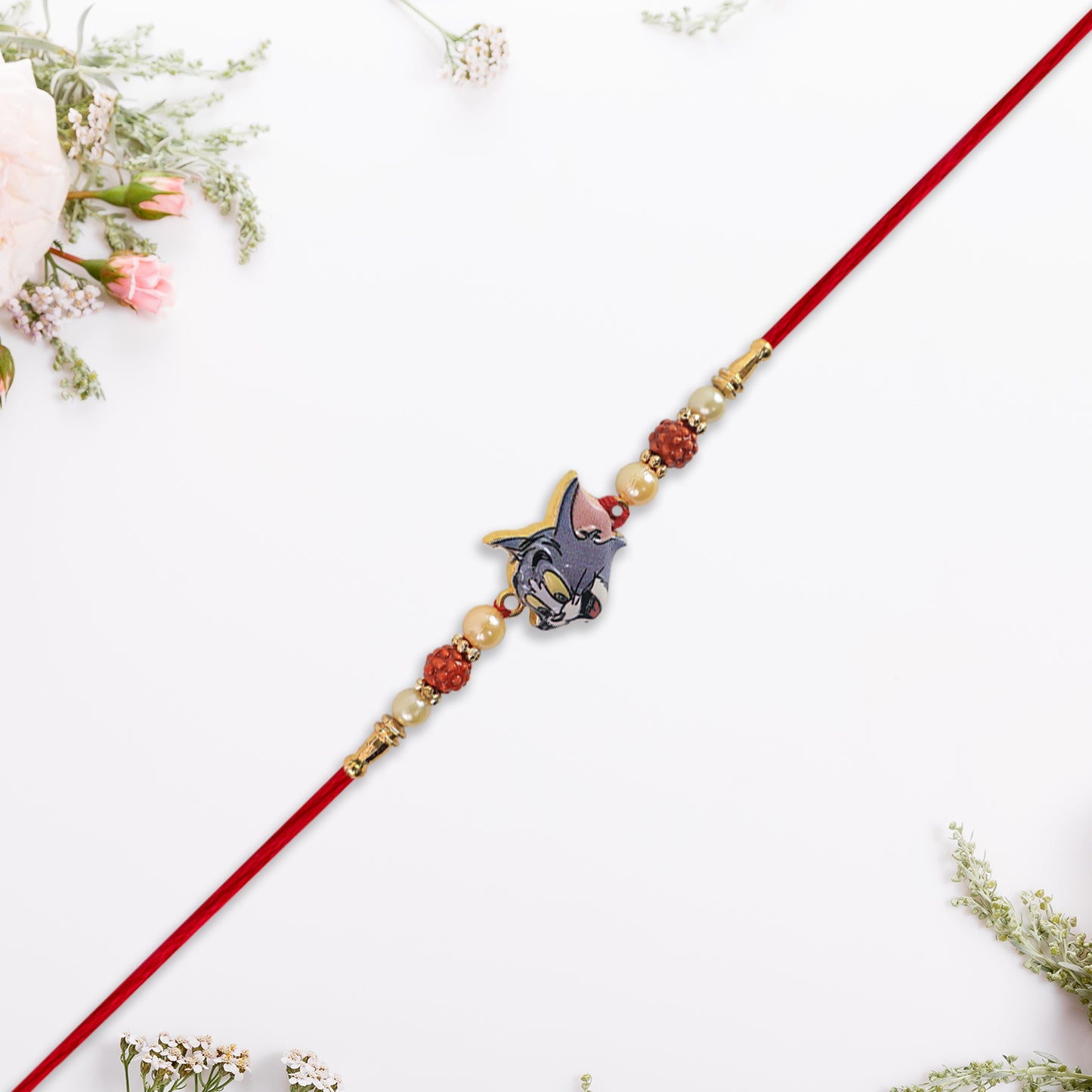 Cute Tom Character Rakhi With Rudraksha Pearl Beads On Red Thread