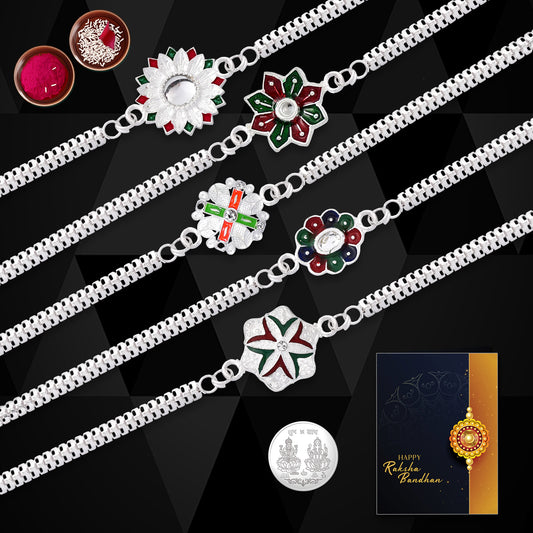 Silver Look Fancy 5 Rakhi Set With Greeting Card Coin  Tilak Combo  Stylish Bracelet Rakhis For Brothers