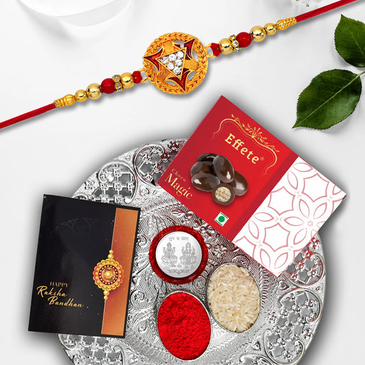 Designer Rakhi Combo Gift Set For Brother With Choco Magic Tilak Tray  Coin