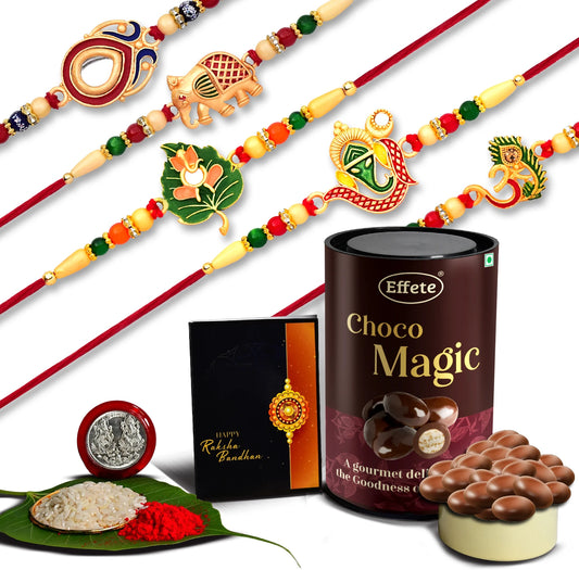 Designer Rakhi Set With Choco Magic Gift Pack  Pooja Thali Combo For Brother  Set Of 5