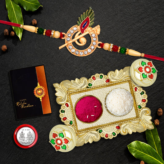 Krishna Flute Rakhi With Decorative Pooja Thali  Raksha Bandhan Gift Set