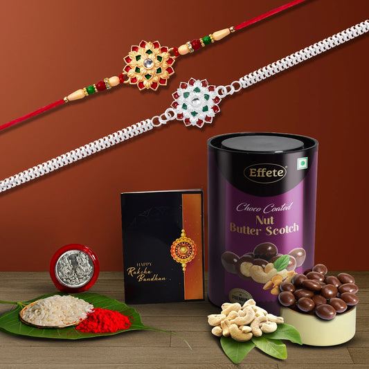 Designer Rakhi Gift Combo For Brother With Choco Coated Nut Butterscotch (96g) Tilak Set Silver Coin  Raksha Bandhan Greeting Card